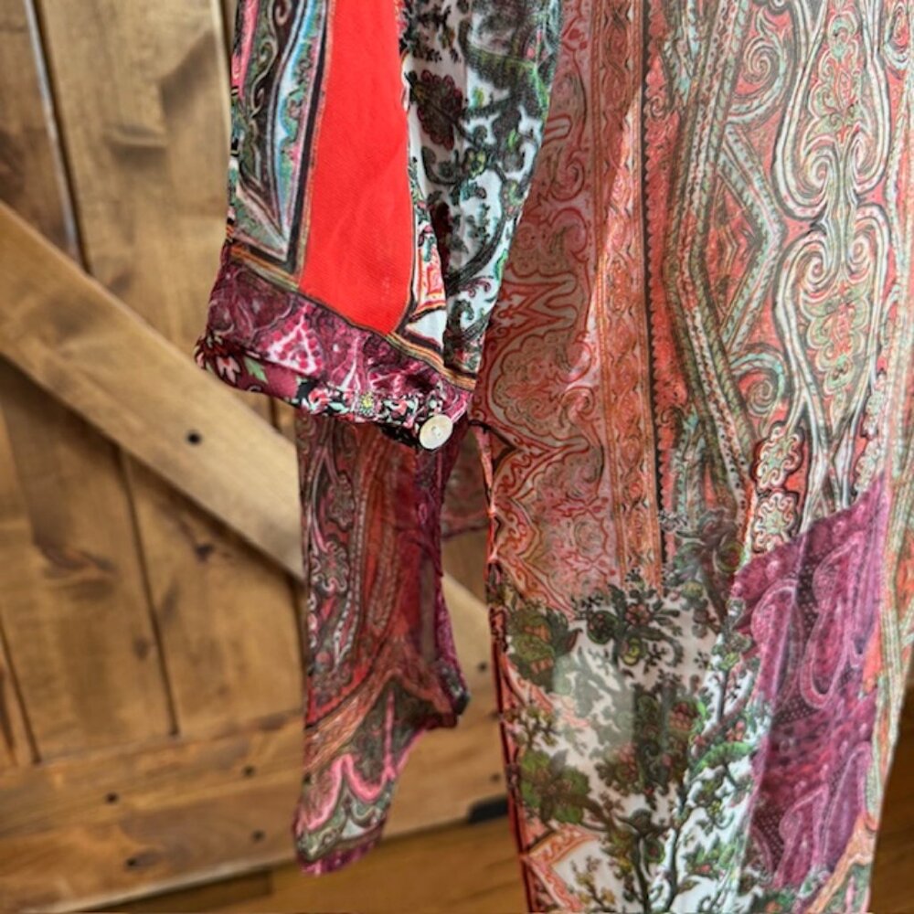 Fig and Flower Sheer Boho Tunic Blouse Paisley Patchwork Print Size L - Picture 7 of 12
